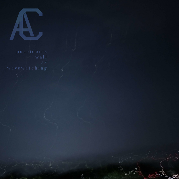 The art for the "Poseidon's Wall / Wavewatching" EP. It contains a picture showing a hazy night sky. The picture has been taken with a long exposure, leaving faint light trails vertically downwards through the sky. At the bottom of the image, there is ligh
